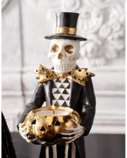 Mr Skelett Mit Goldenem Kürbis Teelichthalter 6 Mr Skelett Mit Goldenem Kürbis Teelichthalter -Cosly Verkaufsgeschäft skeleton gentleman mit jack o lantern teelichthalter halloween und gothic homeware und wohnungsdeko skeleton with jackolantern tealightholder 54374 2