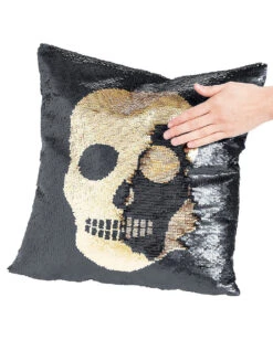 Totenschädel Wendepailletten Kissen Schwarz Gold -Cosly Verkaufsgeschäft totenschaedel kissen mit flip pailletten skull flip sequin halloween pillow 39249 3